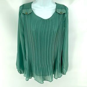 Mina UK sage green pleated front semi sheer shirt blouse top small EUC gold